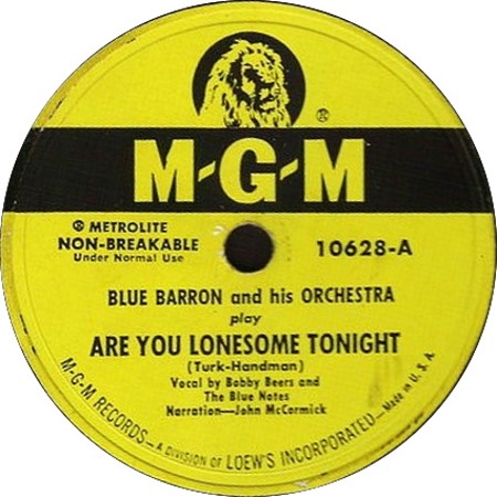 Label of MGM 10628, Are You Lonesome To-night? by Blue Barron and His Orchestra