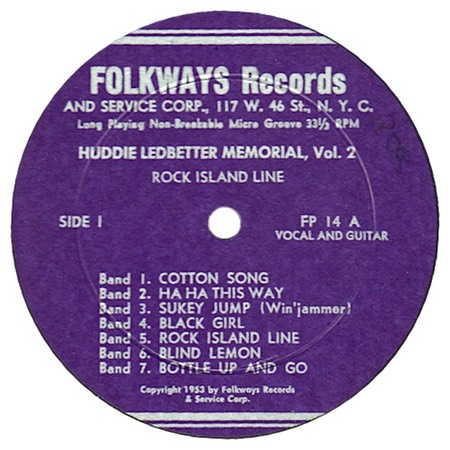 Cottonfields (as Cotton Song); Huddie Leadbetter; Folkways FP 14; original recording label
