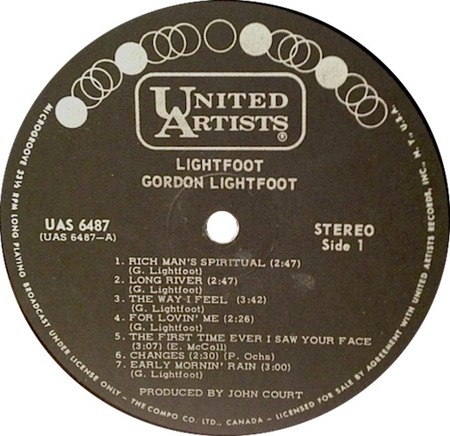Early Mornin' Rain; Gordon Lightfoot; United Artists LP UAS 6487; original recording label