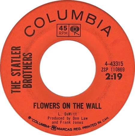 Flowers On The Wall, Columbia 4-43315, The Statler Brothers: original record label