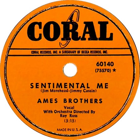 Sentimental Me 78 rpm, Ames Brothers, Coral 60140: original recording label
