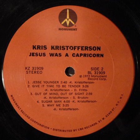 Why Me Lord (on LP Jesus Was A Capricorn), Kris Kristofferson, Monument KZ 31909: original recording label