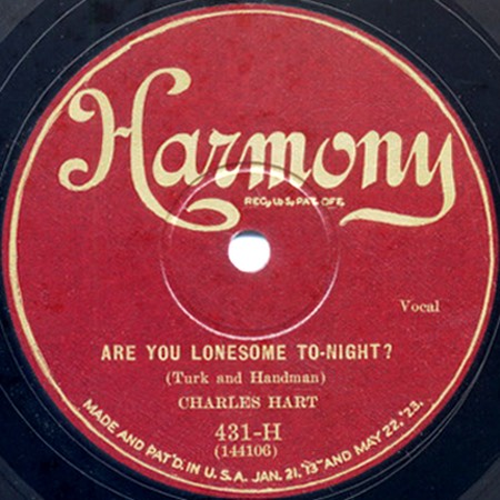Label of Harmony 431, Are You Lonesome To-night? by Charles Hart