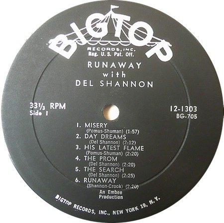 His Latest Flame, Del Shannon, Bigtop 12-1303 LP: original record label