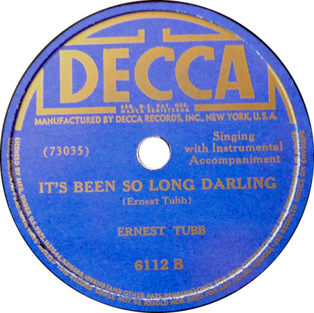 It's Been So Long Darling; Ernest Tubb; Decca 6112B 78 rpm; original record label
