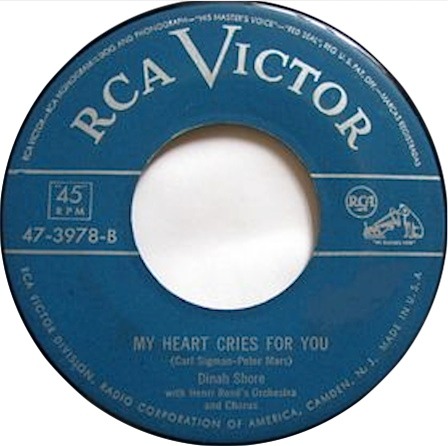 My Heart Cries For You, Dinah Shore, RCA Victor 47-3978-B, original record label