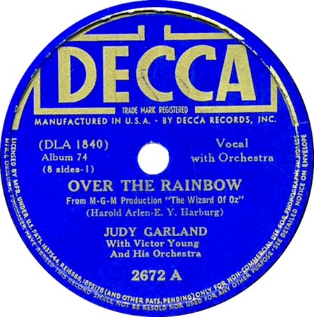 Over The Rainbow, Judy Garland With Victor Young And His Orchestra, Decca 2672 A: original recording label