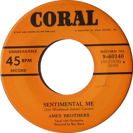 Sentimental Me 45 rpm, Ames Brothers, Coral 9-60140: original recording label