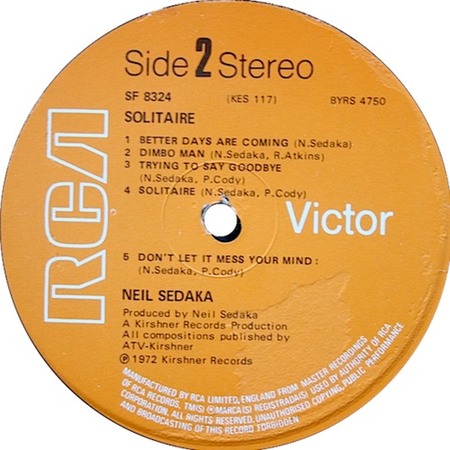 Solitaire; Neil Sedaka; RCA Victor SF 8324; original recording label