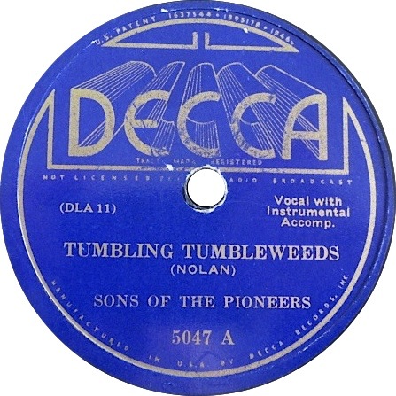 Tumbling Tumbleweeds, Sons Of The Pioneers, Decca 5047, original record label