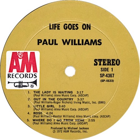 Where Do I Go From Here; Paul Williams; A&M Records SP-4367; original recording label